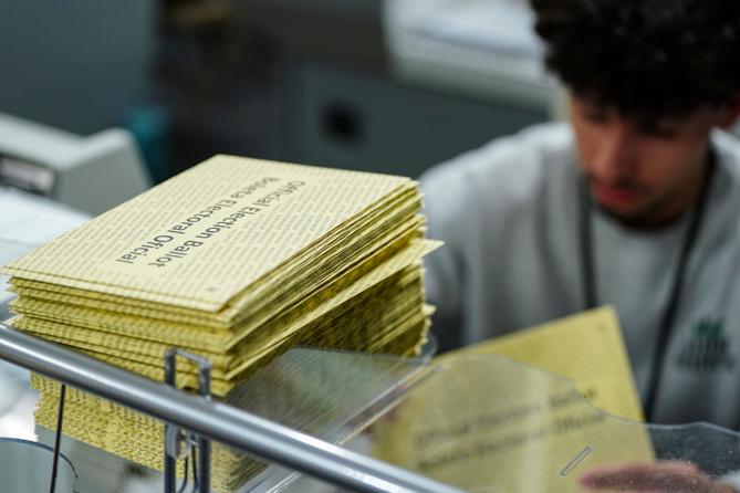 Lehigh County voter registration workers sort mail ballots Nov. 5, 2024, at Lehigh County Government Center in Allentown, PA. Lehigh County voter registration workers sort mail ballots Nov. 5, 2024, at Lehigh County Government Center in Allentown, PA.