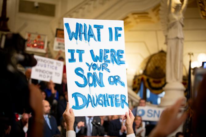 A sign at a 2018 Capitol rally in favor of opening a two-year window for civil lawsuits. A sign at a 2018 Capitol rally in favor of opening a two-year window for civil lawsuits.
