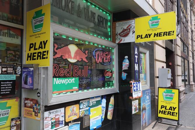 A convenience store in Downtown Pittsburgh prominently advertises that Pennsylvania Lottery tickets are available. A convenience store in Downtown Pittsburgh prominently advertises that Pennsylvania Lottery tickets are available.