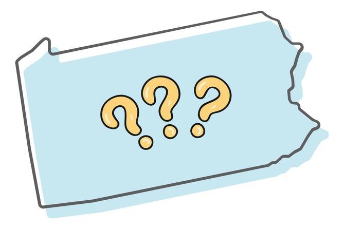 An outline of the Pennsylvania map with three question marks in the middle. An outline of the Pennsylvania map with three question marks in the middle.