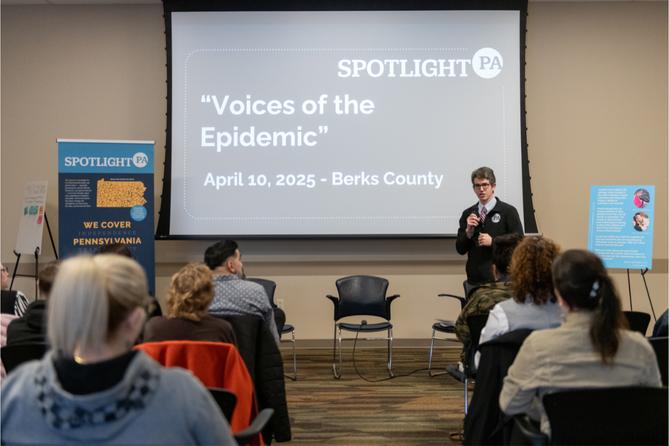 Spotlight PA reporter Ed Mahon addresses the crowd during a community forum in Berks County in April 2025.