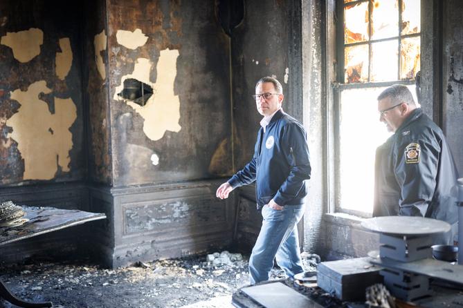 Gov. Josh Shapiro tours the residence after an April 2025 arson attack. Gov. Josh Shapiro tours the residence after an April 2025 arson attack.