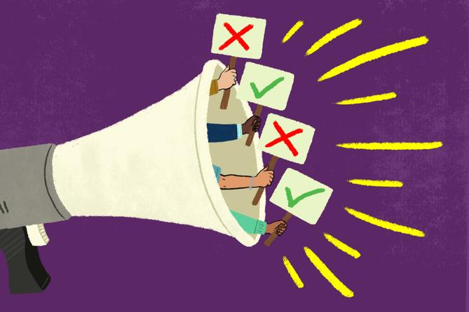 Illustration of a megaphone with people hanging out of the opening, holding up signs with red Xs or green check marks. Illustration of a megaphone with people hanging out of the opening, holding up signs with red Xs or green check marks.
