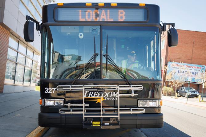 A Freedom Transit bus in Washington, Pennsylvania, pictured in April 2025. A Freedom Transit bus in Washington, Pennsylvania, pictured in April 2025.