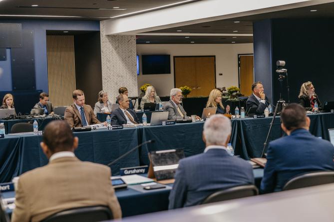 Penn State trustees attend the board’s public meeting on Sept. 12, 2025, in the 1855 Room at the Bryce Jordan Center on Penn State’s University Park campus.