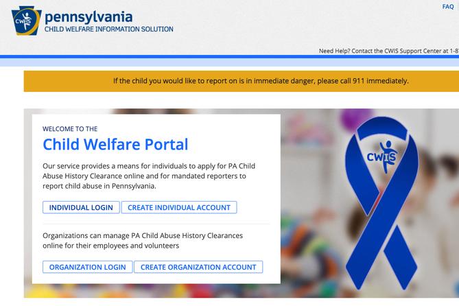 A screenshot of the Child Welfare Portal where reporters can report suspected child abuse A screenshot of the Child Welfare Portal where reporters can report suspected child abuse