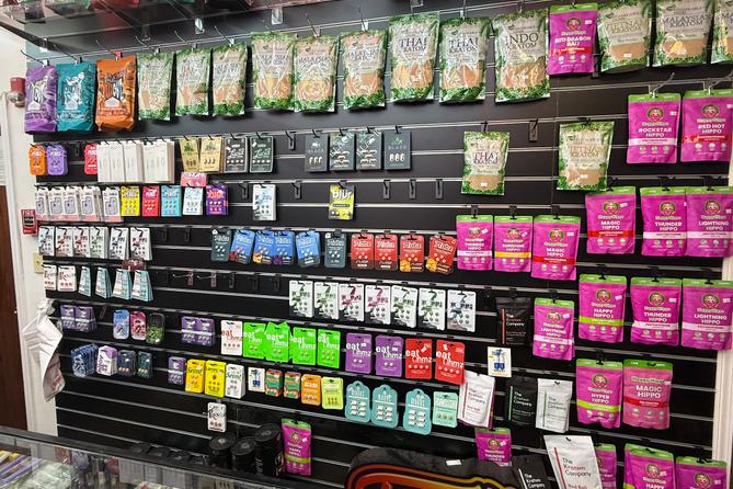 The back wall of Exotic Puff in Downtown Pittsburgh holds products containing kratom. The back wall of Exotic Puff in Downtown Pittsburgh holds products containing kratom.