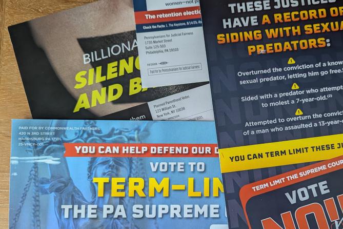 A pile of mailers intended to sway the PA Supreme Court retention races. A pile of mailers intended to sway the PA Supreme Court retention races.
