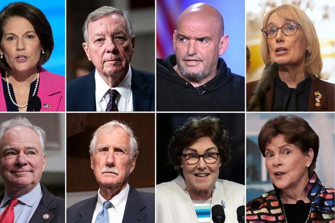 Sen. Catherine Cortez Masto, D-Nev., top row from left, Senate Judiciary Committee Chairman Dick Durbin, D-Ill., Sen. John Fetterman, D-Pa., Sen. Maggie Hassan, D-N.H., and bottom row from left, Sen. Tim Kaine, D-Va., Sen. Angus King, I-Maine, Sen. Jacky Rosen, D-Nev., and Sen. Jeanne Shaheen, D-N.H. Sen. Catherine Cortez Masto, D-Nev., top row from left, Senate Judiciary Committee Chairman Dick Durbin, D-Ill., Sen. John Fetterman, D-Pa., Sen. Maggie Hassan, D-N.H., and bottom row from left, Sen. Tim Kaine, D-Va., Sen. Angus King, I-Maine, Sen. Jacky Rosen, D-Nev., and Sen. Jeanne Shaheen, D-N.H.