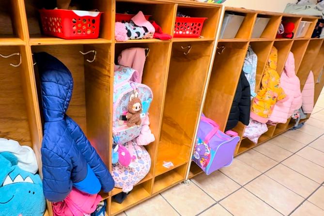 Cubbies line a hallway of The Red Balloon Early Learning Center in Scott Township, Allegheny County.