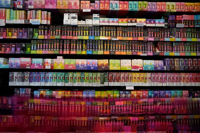 Disposable flavored electronic cigarette devices are displayed for sale at Vapes N Smoke in Pinecrest, Fla., Monday, June 26, 2023. Disposable flavored electronic cigarette devices are displayed for sale at Vapes N Smoke in Pinecrest, Fla., Monday, June 26, 2023.