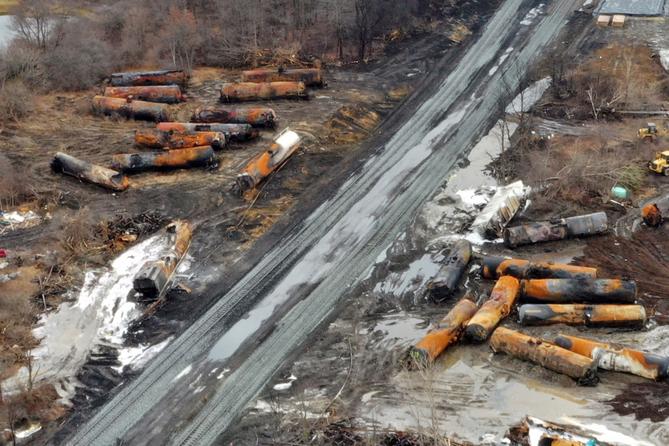 An aerial view of the cleanup of a derailed Norfolk Southern freight train, in East Palestine, Ohio, Feb. 9, 2023. An aerial view of the cleanup of a derailed Norfolk Southern freight train, in East Palestine, Ohio, Feb. 9, 2023.