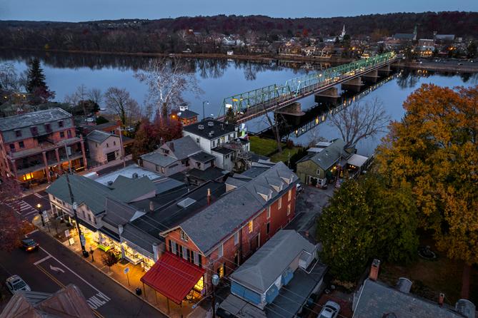 Aerial view of New Hope, Pennsylvania, Lambertville, New Jersey, and the Delaware River. Aerial view of New Hope, Pennsylvania, Lambertville, New Jersey, and the Delaware River.