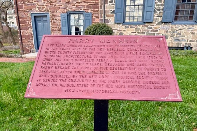 A historical marker about the Parry Mansion in New Hope, Pennsylvania. A historical marker about the Parry Mansion in New Hope, Pennsylvania.
