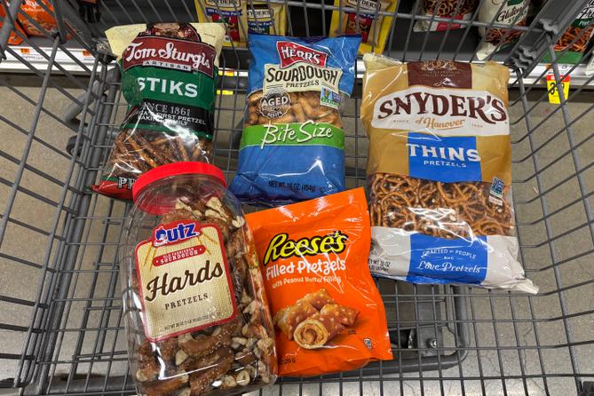 Assorted pretzel varieties placed in a shopping cart at Acme Assorted pretzel varieties placed in a shopping cart at Acme