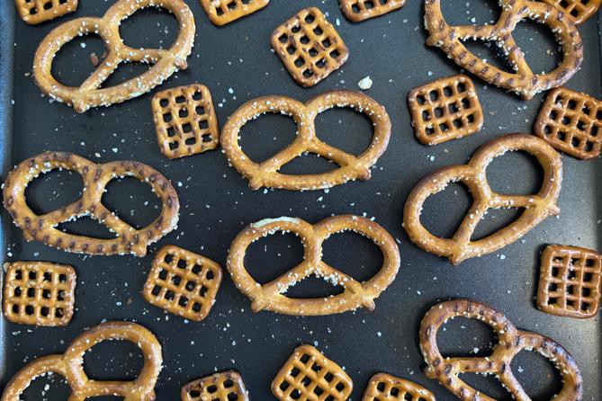 Pretzels laid out on a baking sheet Pretzels laid out on a baking sheet