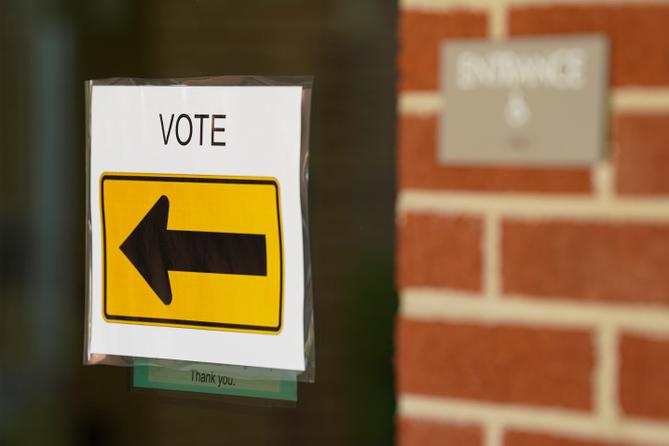 A voting sign is shown in Quakertown, Bucks County, Pennsylvania during the May 19, 2026 primary election.