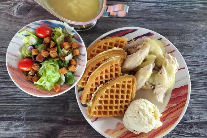 Chicken and waffles, and a salad.