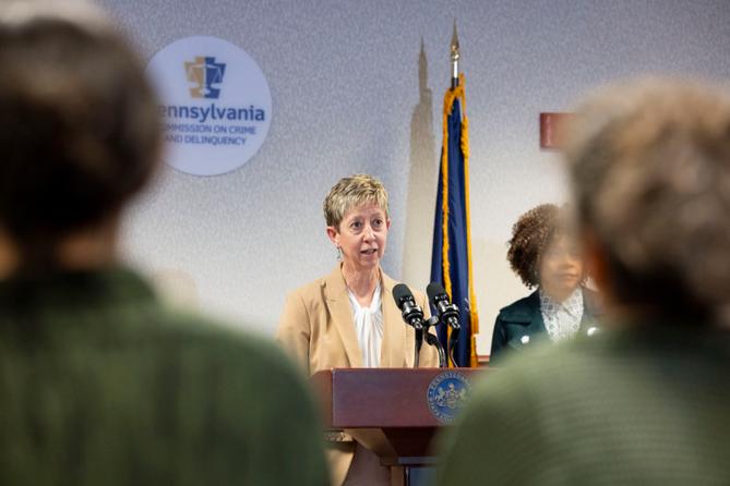 Kathy Buckley, Director of the Office of Victims' Services, PA Commission on Crime and Delinquency, speaks at an event for National Crime Victims' Rights Week, in Harrisburg, Pa. on April 10, 2025.
