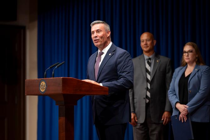 Rothman speaks at a news conference about streamlining state permitting in June, 2025.