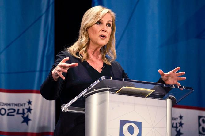 Janelle Stelson, a candidate for the Democratic nomination in Pennsylvania's 10th Congressional District, speaks during a debate, April 9, 2024, in York, PA.