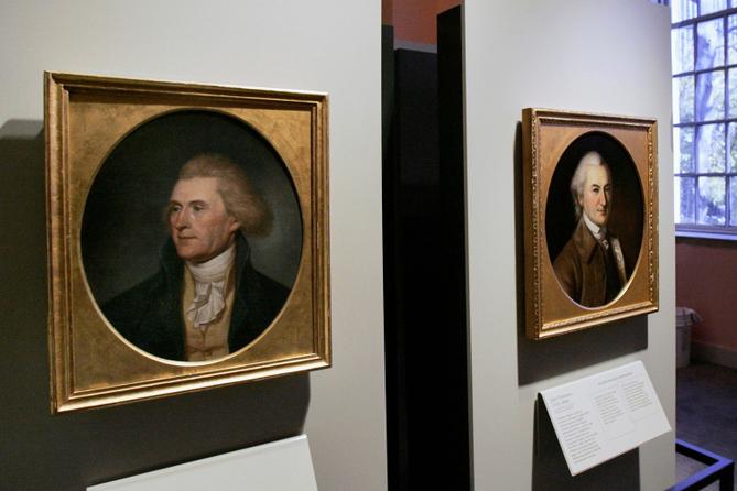 Portraits of a red-headed Thomas Jefferson, left, and John Dickinson, right, by Charles Willson Peale are seen at the refurbished Second Bank of the United States in Philadelphia. Portraits of a red-headed Thomas Jefferson, left, and John Dickinson, right, by Charles Willson Peale are seen at the refurbished Second Bank of the United States in Philadelphia.
