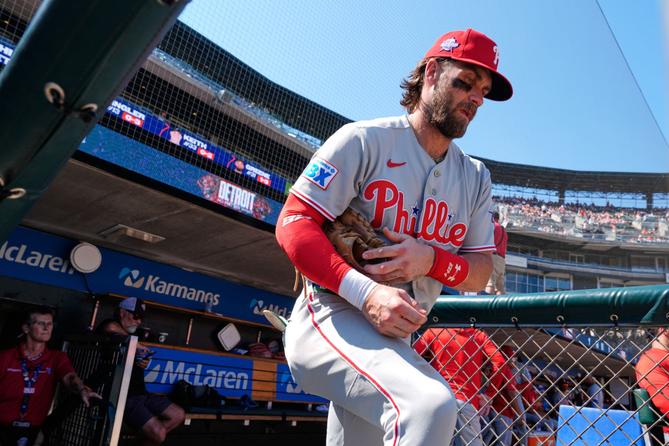 Philadelphia Phillies' Bryce Harper speaks with members of the media during the MLB baseball All-Star Week, Monday, July 13, 2026, in Philadelphia.
