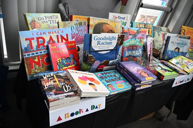 A table full of children’s books. A table full of children’s books.