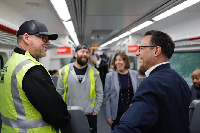 Gov. Josh Shapiro rides a SEPTA train to promote the need for transit funding. Gov. Josh Shapiro rides a SEPTA train to promote the need for transit funding.