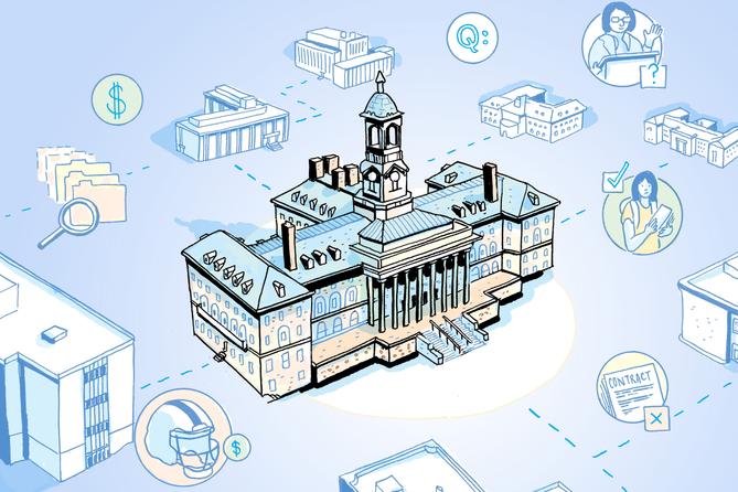 Illustration of Old Main surrounded by icons of money, a football helmet, a speaker, and more. Illustration of Old Main surrounded by icons of money, a football helmet, a speaker, and more.