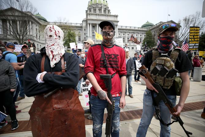 Protesters and militia gathered outside the Capitol in Harrisburg this April for a reopen protest. A recent report by a worldwide nonprofit that tracks militia groups said Pennsylvania is one of five U.S. states at high risk of violence through Nov. 3. Protesters and militia gathered outside the Capitol in Harrisburg this April for a reopen protest. A recent report by a worldwide nonprofit that tracks militia groups said Pennsylvania is one of five U.S. states at high risk of violence through Nov. 3.