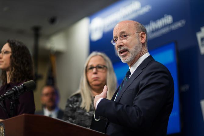 Gov. Tom Wolf speaks during a press conference, which confirmed the first two presumptive positive cases of 2019 Novel Coronavirus (COVID-19) in Pennsylvania and reminded residents that the commonwealth is prepared to respond to community spread of this virus, inside PEMA headquarters on Wednesday, March 4, 2020. Gov. Tom Wolf speaks during a press conference, which confirmed the first two presumptive positive cases of 2019 Novel Coronavirus (COVID-19) in Pennsylvania and reminded residents that the commonwealth is prepared to respond to community spread of this virus, inside PEMA headquarters on Wednesday, March 4, 2020.