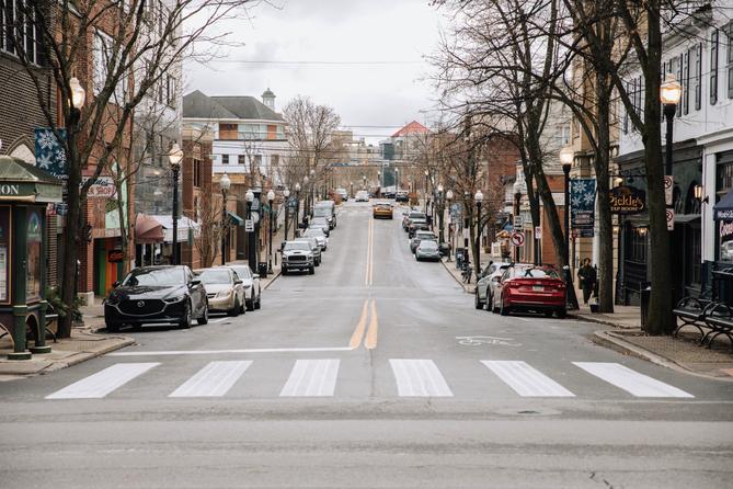 The view of Allen Street from College Avenue, in downtown State College, Pennsylvania. The view of Allen Street from College Avenue, in downtown State College, Pennsylvania.