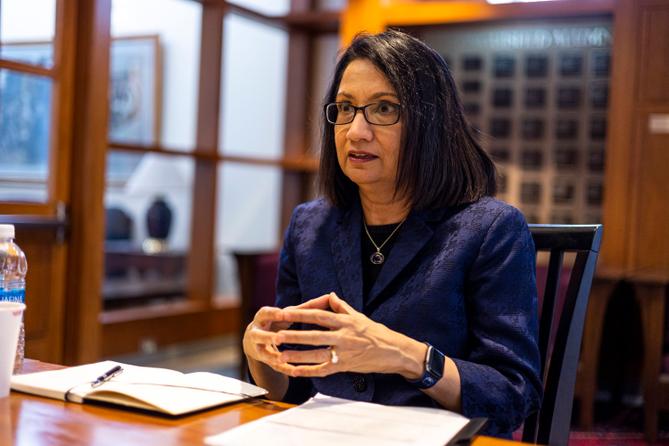 Penn State President Neeli Bendapudi talks during a Philadelphia Inquirer interview in State College, Pa., in February. Penn State President Neeli Bendapudi talks during a Philadelphia Inquirer interview in State College, Pa., in February.