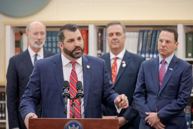Former House Speaker Mark Rozzi (center) is shown here in 2019 with Tom Wolf (left) and Josh Shapiro (right) Former House Speaker Mark Rozzi (center) is shown here in 2019 with Tom Wolf (left) and Josh Shapiro (right)
