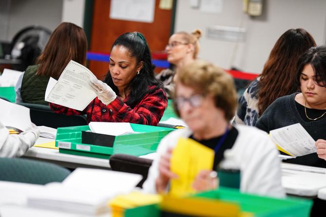 Workers sort mail ballots at the Lehigh County Government Center in Allentown on Nov. 8, 2022. Workers sort mail ballots at the Lehigh County Government Center in Allentown on Nov. 8, 2022.