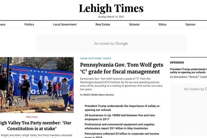 Screenshot of the Lehigh Times, one of 45 local news websites run in Pennsylvania by Metric Media, which has been found to fail basic journalistic standards for trustworthiness and credibility, according to a new report. Screenshot of the Lehigh Times, one of 45 local news websites run in Pennsylvania by Metric Media, which has been found to fail basic journalistic standards for trustworthiness and credibility, according to a new report.