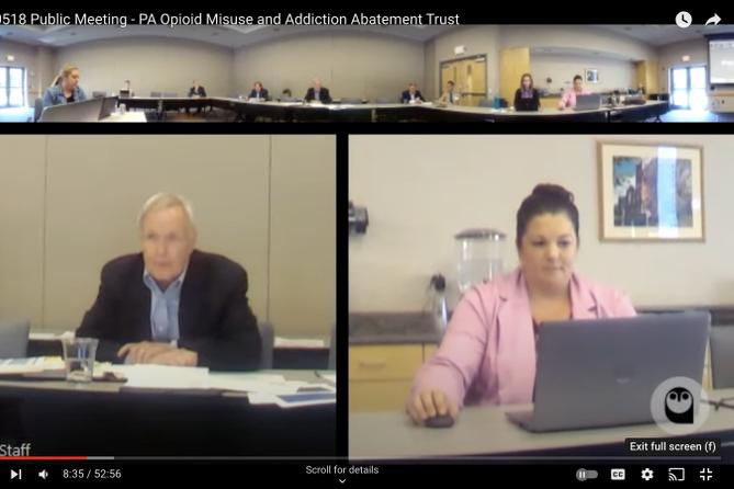 Tom VanKirk, left, is chair of the Pennsylvania Opioid Misuse and Addiction Abatement Trust. He's said the trust intends “to be as transparent as possible.” But he defended holding meetings in secret and barring the public from speaking at meetings. (Screenshot from a video of the board's May 18, 2023, meeting.) Tom VanKirk, left, is chair of the Pennsylvania Opioid Misuse and Addiction Abatement Trust. He's said the trust intends “to be as transparent as possible.” But he defended holding meetings in secret and barring the public from speaking at meetings. (Screenshot from a video of the board's May 18, 2023, meeting.)
