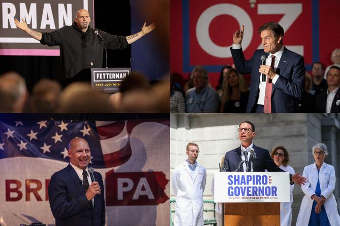From top left, clockwise: U.S. Senate candidate John Fetterman; U.S. Senate candidate Mehmet Oz; gubernatorial candidate Josh Shapiro; gubernatorial candidate Doug Mastriano From top left, clockwise: U.S. Senate candidate John Fetterman; U.S. Senate candidate Mehmet Oz; gubernatorial candidate Josh Shapiro; gubernatorial candidate Doug Mastriano