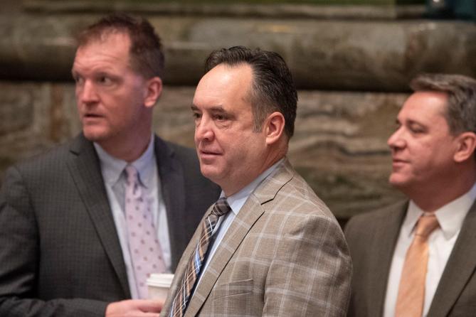 The letter signed by President Pro Tempore Jake Corman (seen here, center) said Secretary of the Commonwealth Kathy Boockvar “usurped legislative authority."