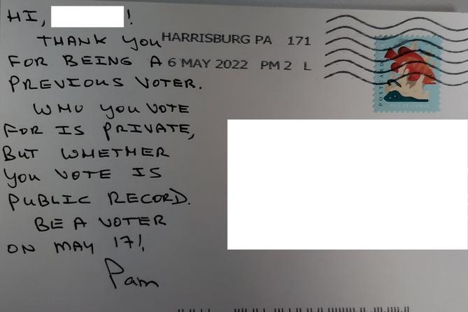 A Spotlight PA reader was confused and concerned by a handwritten postcard that states, "Who you vote for is private, but whether you vote is public record." A Spotlight PA reader was confused and concerned by a handwritten postcard that states, "Who you vote for is private, but whether you vote is public record."