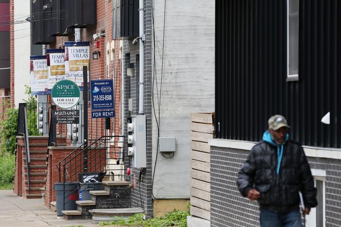Property management signs advertise student housing for rent on Willington Street near West Oxford Street, a neighborhood adjacent to Temple University, in North Philadelphia on Tuesday, May 14, 2019. Development has introduced multi-unit luxury student housing to blocks formerly lined with rowhomes. Property management signs advertise student housing for rent on Willington Street near West Oxford Street, a neighborhood adjacent to Temple University, in North Philadelphia on Tuesday, May 14, 2019. Development has introduced multi-unit luxury student housing to blocks formerly lined with rowhomes.