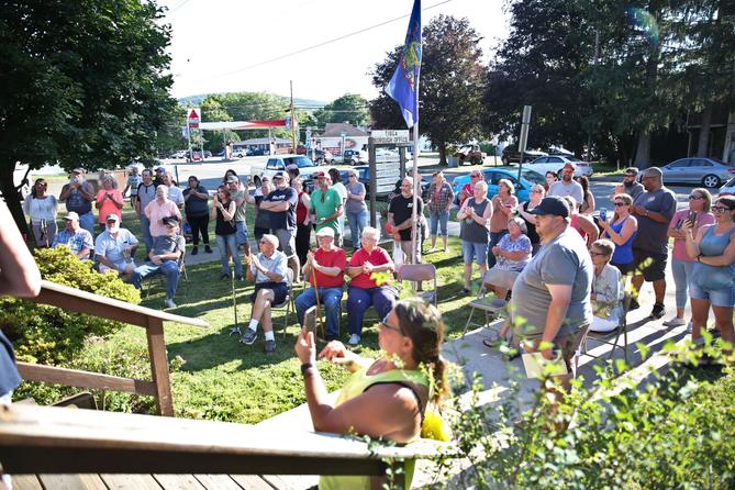 People gather on the front lawn outside of the Tioga borough building. People gather on the front lawn outside of the Tioga borough building.