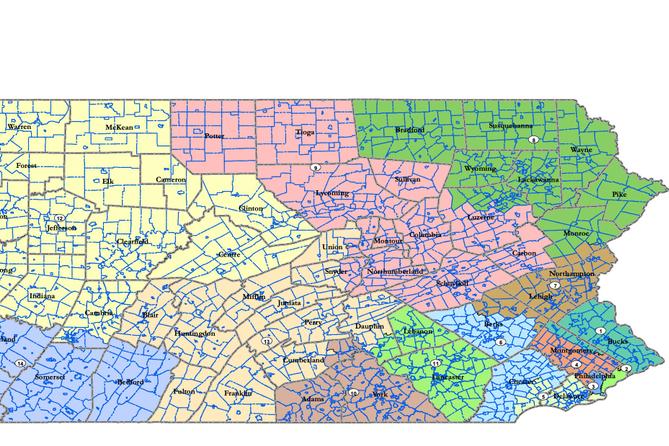 A proposed Pennsylvania congressional map approved by House Republicans and advanced by a state Senate panel. A proposed Pennsylvania congressional map approved by House Republicans and advanced by a state Senate panel.