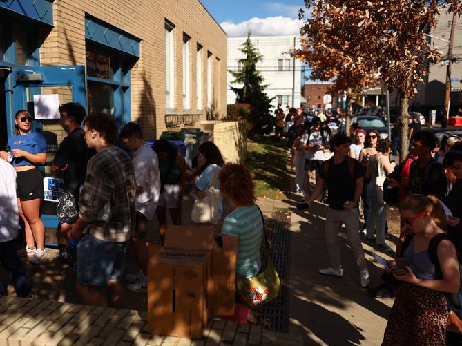 College students wait in line, with some claiming longer than an hour and a half, at the Oakland Career Center near the University of Pittsburgh on Nov. 5, 2024 in Pittsburgh, PA. College students wait in line, with some claiming longer than an hour and a half, at the Oakland Career Center near the University of Pittsburgh on Nov. 5, 2024 in Pittsburgh, PA.