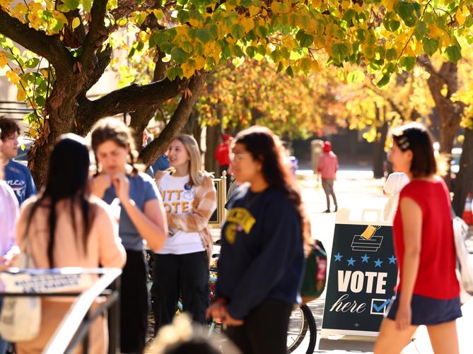 College students from the University of Pittsburgh and Carnegie Mellon University enter the polling station at Bellefield Hall on Nov. 5, 2024. College students from the University of Pittsburgh and Carnegie Mellon University enter the polling station at Bellefield Hall on Nov. 5, 2024.