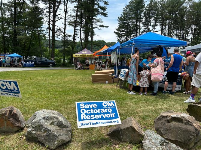 “Save the Octoraro Reservoir” and “Save CWA” signs at the Chester Water Authority’s “Public Water Independence Day” event at Octoraro Reservoir on June 6, 2026. “Save the Octoraro Reservoir” and “Save CWA” signs at the Chester Water Authority’s “Public Water Independence Day” event at Octoraro Reservoir on June 6, 2026.