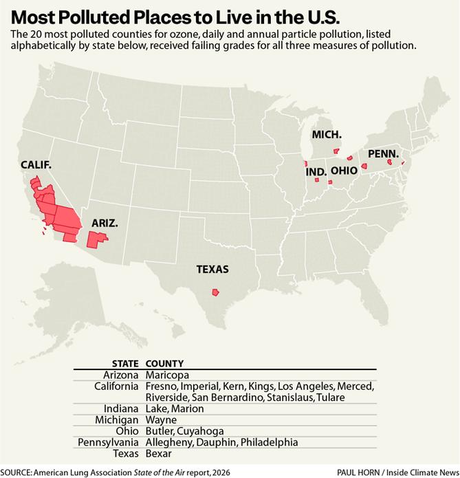 Map with top 20 most air-polluted counties in the United States highlighted in red.