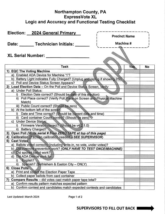 One page of Northampton County's new election testing checklist. One page of Northampton County's new election testing checklist.