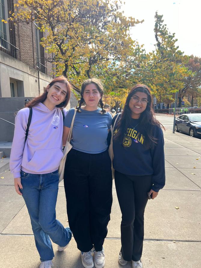 Carnegie Mellon University students Will Schremmer, Quincy Mangi, and Anika Bhawalkar pose for a photo on Election Day in November 2024. Carnegie Mellon University students Will Schremmer, Quincy Mangi, and Anika Bhawalkar pose for a photo on Election Day in November 2024.